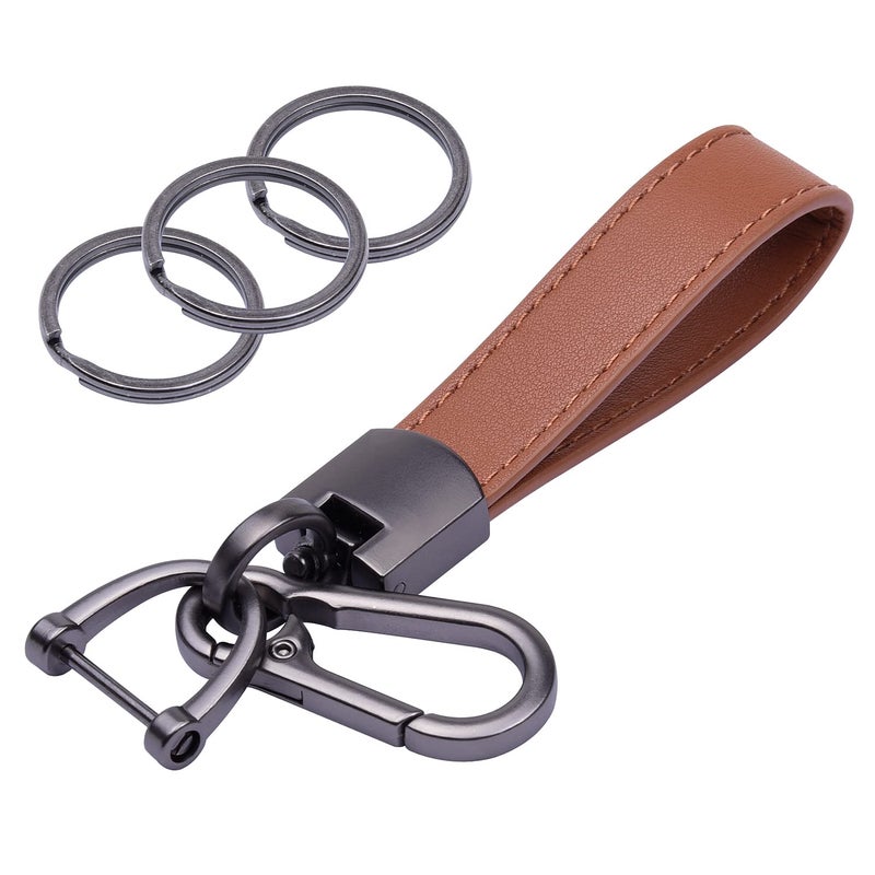 Wisdompro Genuine Leather Car Keychain, Universal Key Fob Keychain Leather Key Chain Holder for Men and Women, 360 Degree Rotatable, with Anti-lost D-ring, 3 Keyrings - Brown (Carabiner Clip) - Image 1