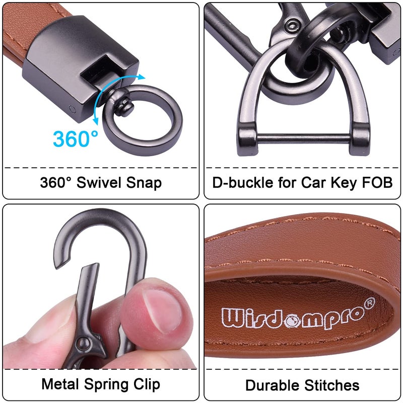 Wisdompro Genuine Leather Car Keychain, Universal Key Fob Keychain Leather Key Chain Holder for Men and Women, 360 Degree Rotatable, with Anti-lost D-ring, 3 Keyrings - Brown (Carabiner Clip) - Image 3
