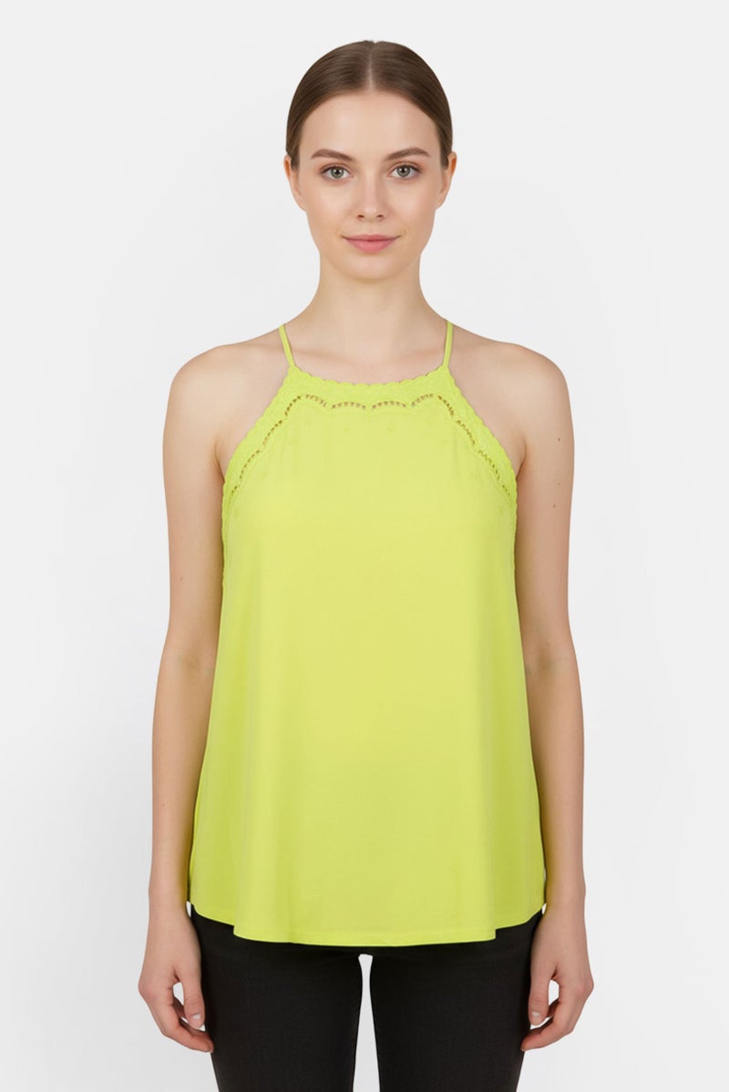 promod Women Square Neck Sleeveless Embroidered Tank Top, Lime Green - Image 1