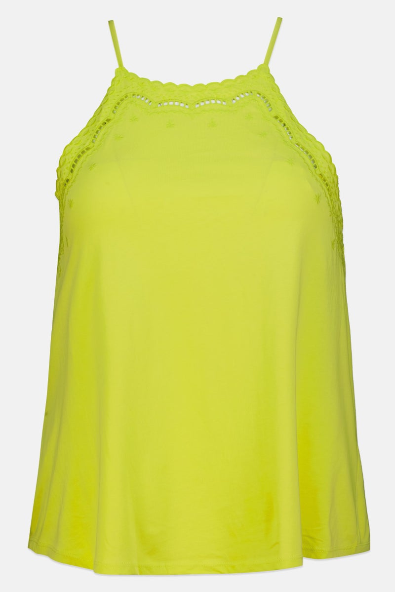 promod Women Square Neck Sleeveless Embroidered Tank Top, Lime Green - Image 3