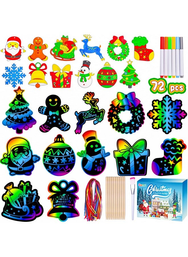 Garma 72Pcs Rainbow Color Scratch Paper Christmas Crafts, Christmas Scratch Art Ornaments Craft Educational Toys Christmas Stocking Stuffers For Kids Party Favors Supplies - Image 1