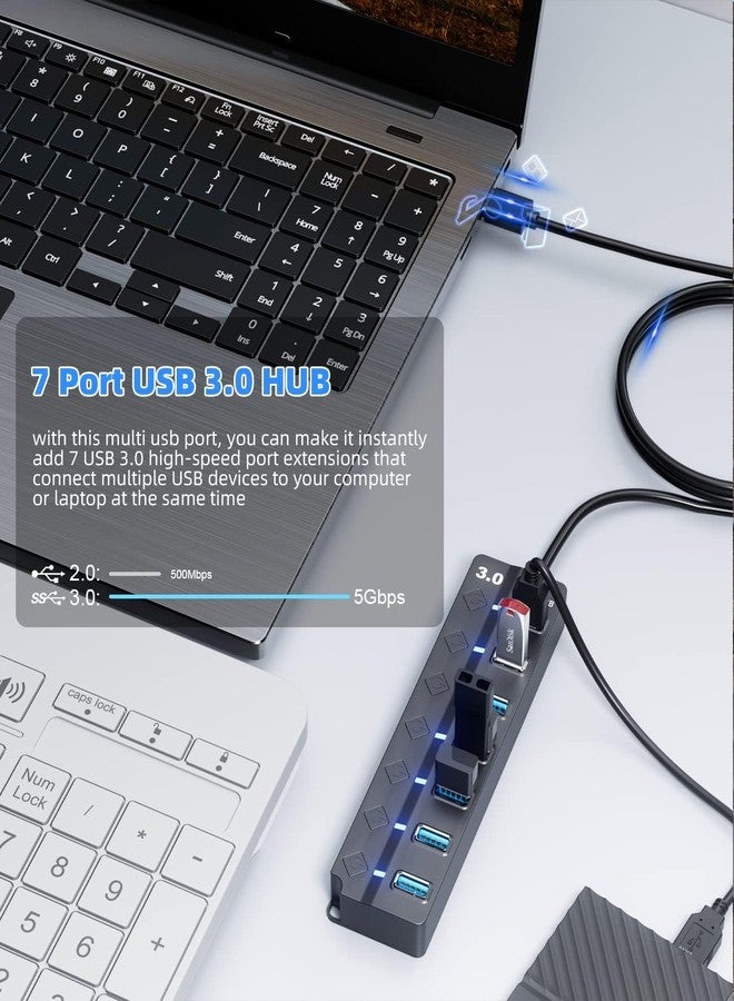 Eanetf USB 3.0 Hub, 7-Port with Individual On/Off Switches & LED Indicators, 5Gbps High-Speed Data Hub for Laptop, PC, MacBook, Surface Pro, PS5, HDD, Flash Drive (4ft Cable) - Image 4