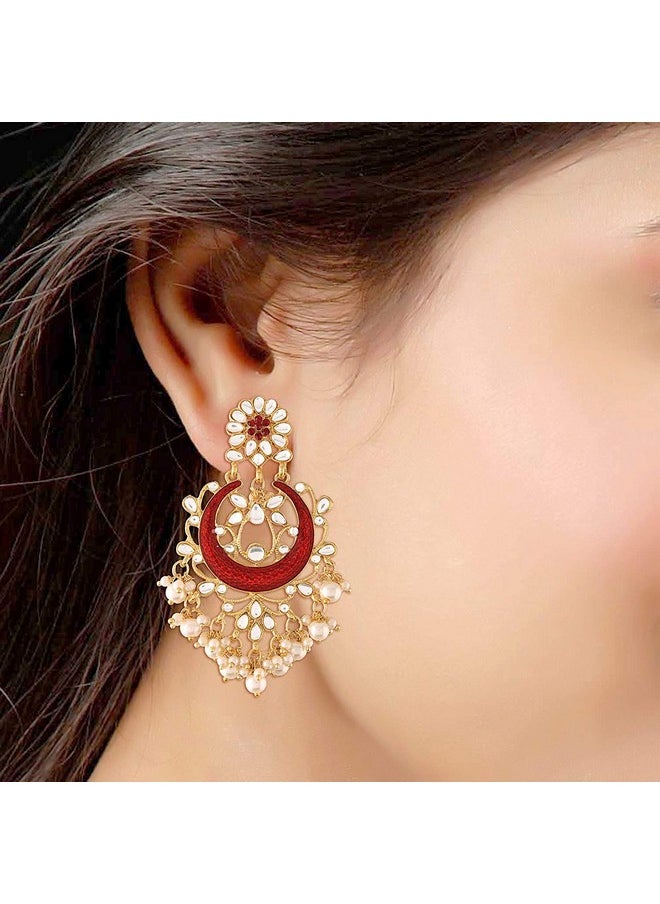 I Jewels I Jewels Women's 18K Gold Plated Traditional Handcrafted Maroon Meena Work Earring Glided with Kundan & Pearls (E2794M)  - Image 5