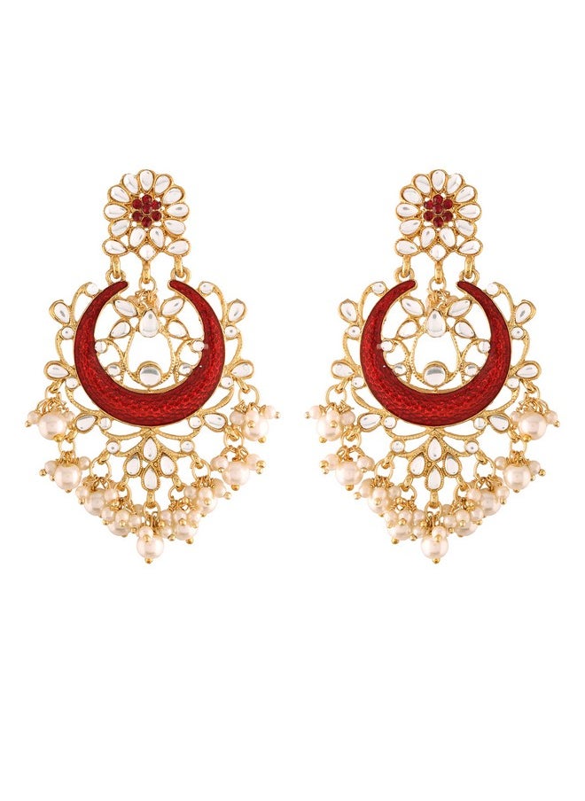 I Jewels I Jewels Women's 18K Gold Plated Traditional Handcrafted Maroon Meena Work Earring Glided with Kundan & Pearls (E2794M)  - Image 1