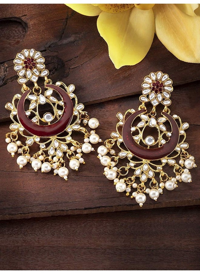 I Jewels I Jewels Women's 18K Gold Plated Traditional Handcrafted Maroon Meena Work Earring Glided with Kundan & Pearls (E2794M)  - Image 2