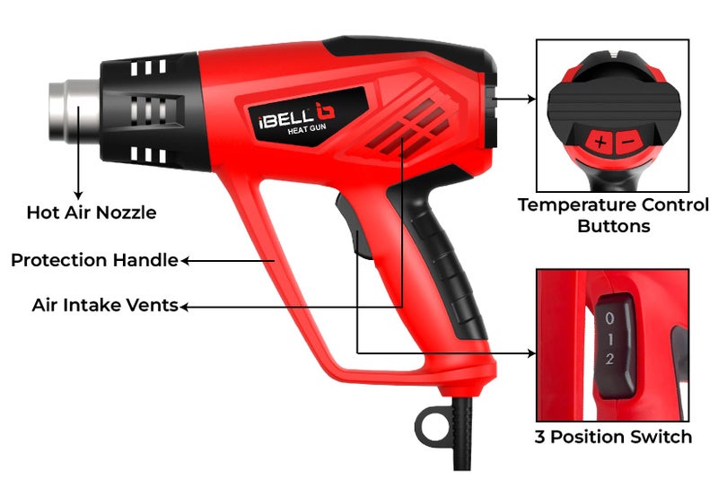 IBELL TOOLS IBELL HG20-98 Heat Gun with 4 Nozzles, 2000W, 12 Temperatures 50 °C to 600 °C, Dual Air Flow 250 | 550 L/min - Image 4