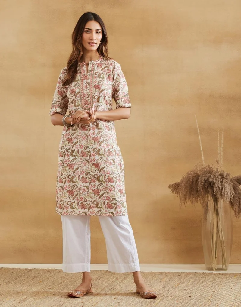 Fabindia Green Cotton Hand Block Printed Knee Length Kurta