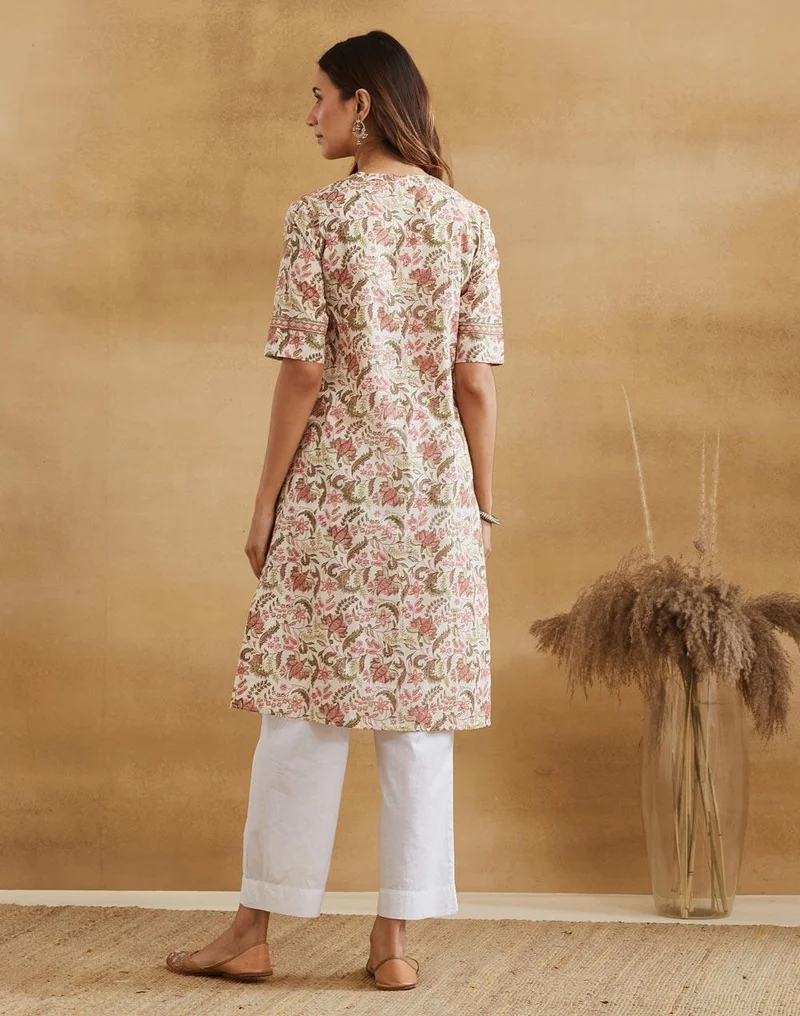 Fabindia  Green Cotton Hand Block Printed Knee Length Kurta for Women | Best Price UAE