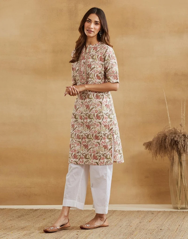 Fabindia  Green Cotton Hand Block Printed Knee Length Kurta for Women | Best Price UAE