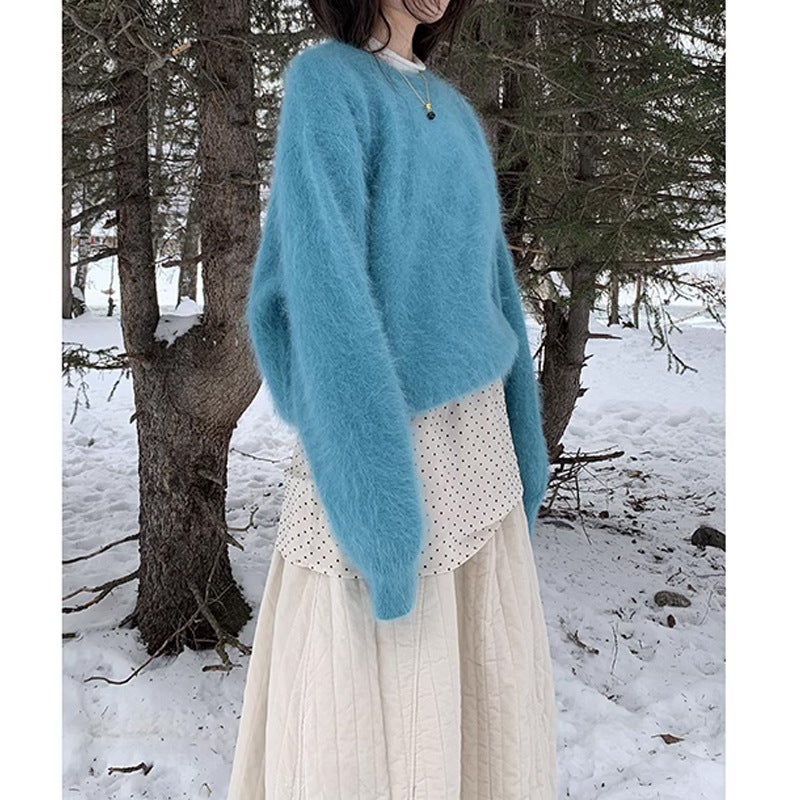 Thickened Warm Mink Velvet Knitwear for Women Winter Loose 2024 Korean Style Loose Lazy Knitwear Design Blue