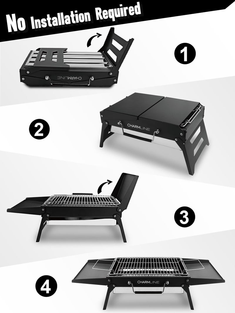 Charmline 14x9inch Foldable Portable Grill Charcoal, Compact Portable Grill for Outdoor Use, Desktop Charcoal Grill, BBQ Grills for Camping, Picnics, Gardens and Beach Parties, Black - Image 2