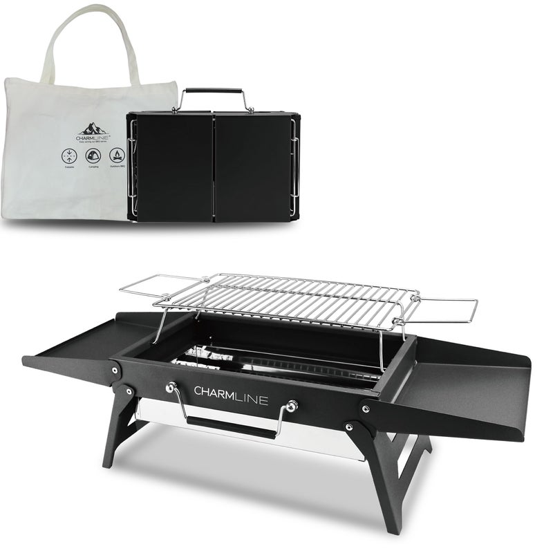 Charmline 14x9inch Foldable Portable Grill Charcoal, Compact Portable Grill for Outdoor Use, Desktop Charcoal Grill, BBQ Grills for Camping, Picnics, Gardens and Beach Parties, Black - Image 1