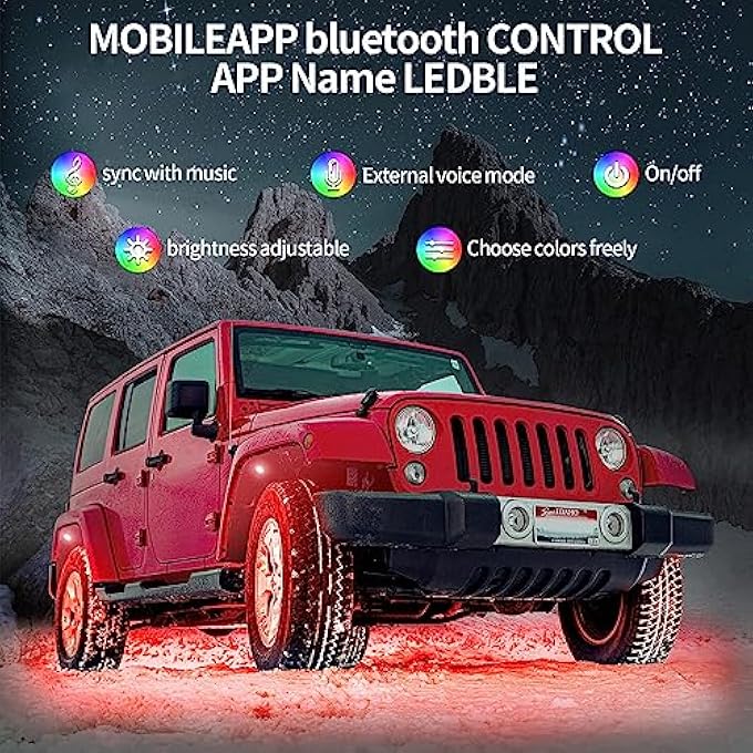 NALACAL مجموعة إضاءة نيون تحتية مقاومة للماء من 4 قطع مزودة بتطبيق للتحكم عن بعد لاسلكي، أضواء تحتية خارجية لعجلات السيارات، أضواء تحتية للسيارات الرياضية متعددة الاستخدامات والشاحنات والدراجات النارية - Image 4