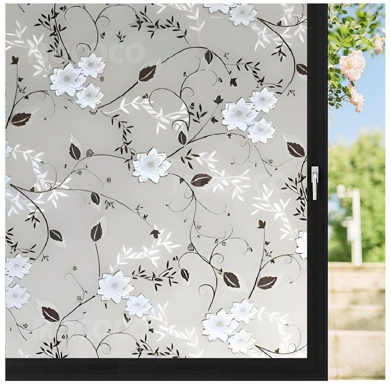 MOCOCO Premium Privacy Window Film Vinyl Frosted Self Adhesive Glass Film Decorative Window Stickers for Home Office Bathroom Kitchen Living Room - Black Flowers - Image 1