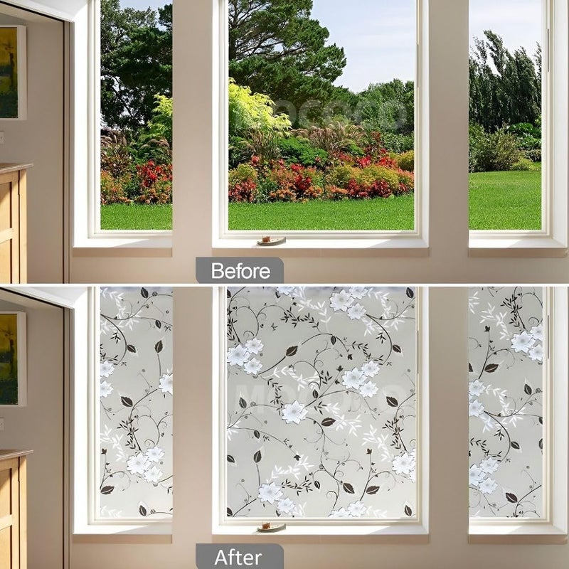MOCOCO Premium Privacy Window Film Vinyl Frosted Self Adhesive Glass Film Decorative Window Stickers for Home Office Bathroom Kitchen Living Room - Black Flowers - Image 4