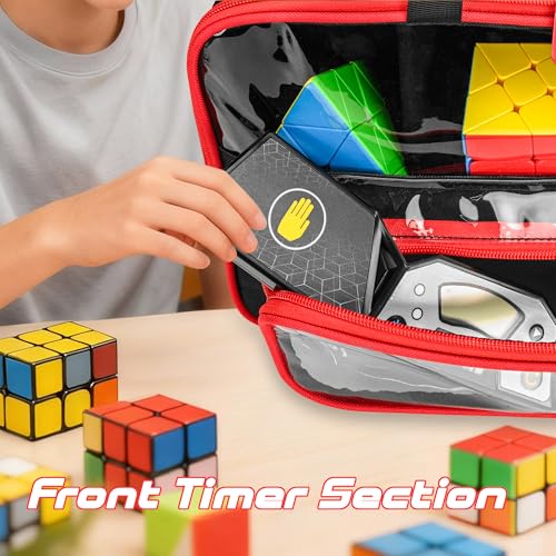 CROTIRAD Speed Cube Storage with Rubix Cube Timer Pocket PVC Rubix Cube Carrying Case with Shoulder Strap Magnetic Speed Cube Set Bag Holds 16 Weird Cubes Black - Image 5