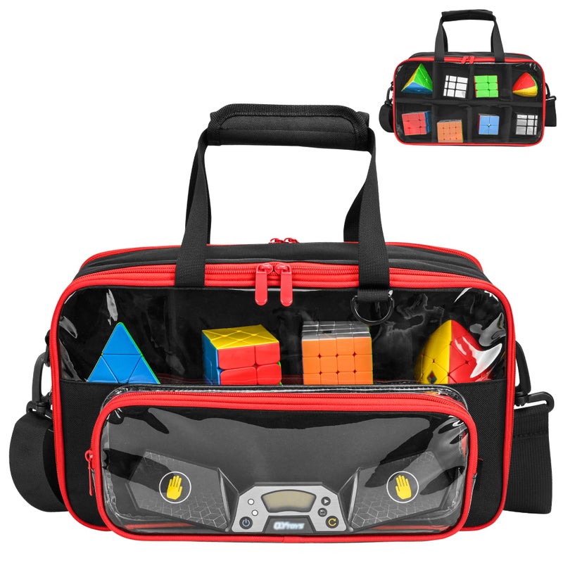 CROTIRAD Speed Cube Storage with Rubix Cube Timer Pocket PVC Rubix Cube Carrying Case with Shoulder Strap Magnetic Speed Cube Set Bag Holds 16 Weird Cubes Black - Image 3