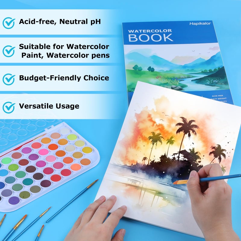 Hapikalor Watercolor Paper Pad, 9"x12" 140lb/300gsm Artist Drawing Sketch Book, Paper Pad, Art Journal, Arts and Crafts Supplies for Adults Kids, Paint Set, Colors, Canvas Painting, Watercolors, Blue - Image 3