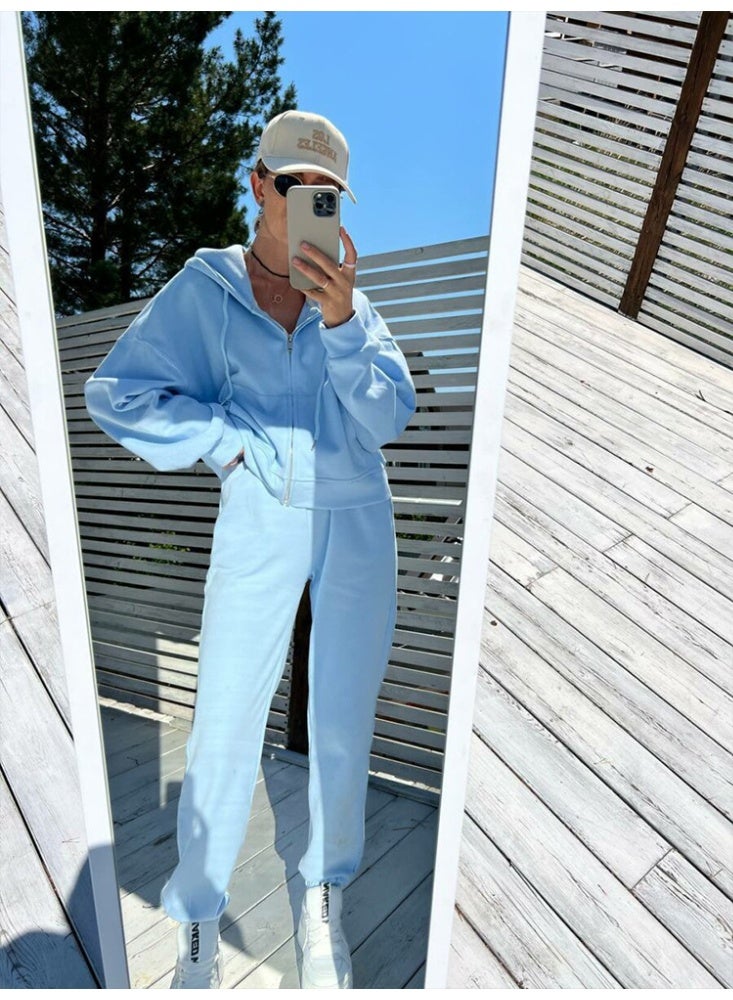 NIBEMINENT Women Tracksuit Hooded Zippers Sweatshirts Solid Pockets Elastic Waist Straight Pants Two Pieces Sets Thick Sports Casual - Image 1