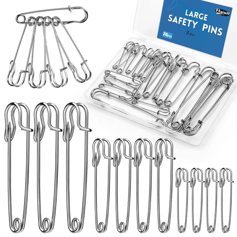 Ftyiwu Large Safety Pins, 20 Pack Heavy Duty Safety Pins 3 Size 2" 3" 4", Stainless Steel Safety Pin for Clothes, Blankets, Laundry, Leather Canvas, DIY Crafts (Silver) - Image 1
