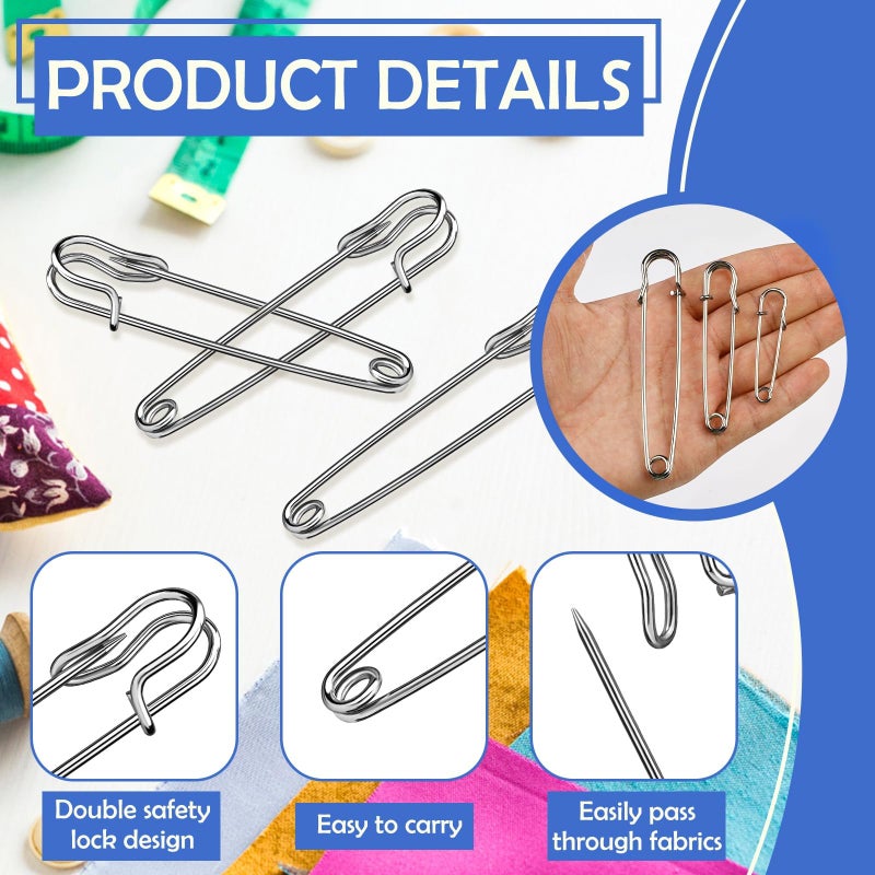 Ftyiwu Large Safety Pins, 20 Pack Heavy Duty Safety Pins 3 Size 2" 3" 4", Stainless Steel Safety Pin for Clothes, Blankets, Laundry, Leather Canvas, DIY Crafts (Silver) - Image 3