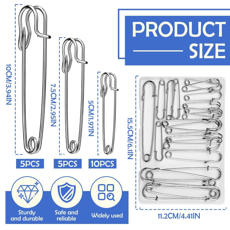 Ftyiwu Large Safety Pins, 20 Pack Heavy Duty Safety Pins 3 Size 2" 3" 4", Stainless Steel Safety Pin for Clothes, Blankets, Laundry, Leather Canvas, DIY Crafts (Silver) - Image 2