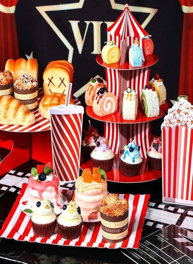 زوبيل طقم حامل كيك كرنفال مكون من 7 قطع: حامل كب كيك من 3 طبقات، حامل كيك دائري من طبقة واحدة، صينية تقديم مستطيلة، أطباق قابلة لإعادة الاستخدام، حاملات كب كيك للحلويات، لوازم حفلات أعياد ميلاد بطابع السيرك. - Image 4