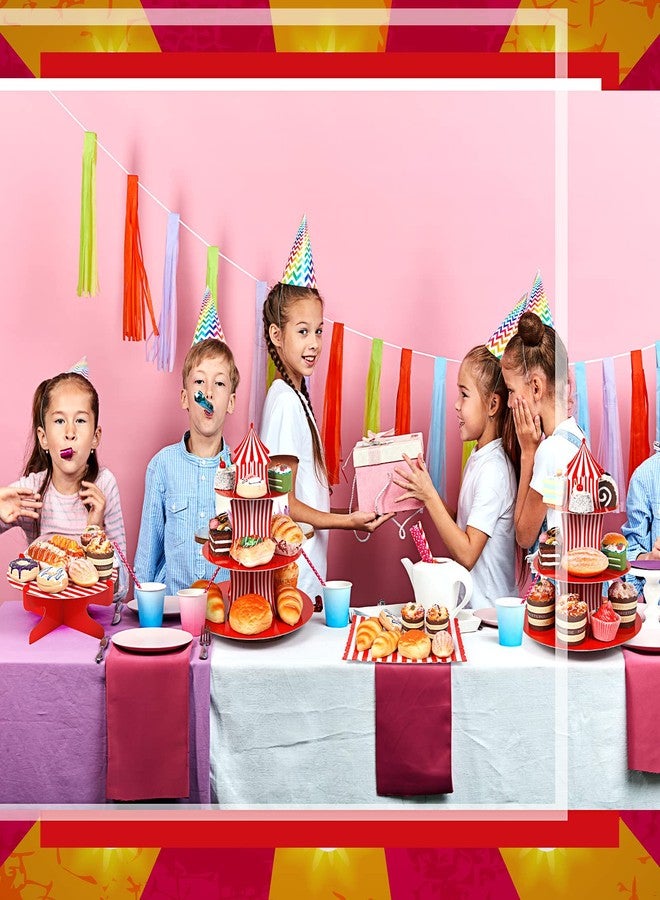 زوبيل طقم حامل كيك كرنفال مكون من 7 قطع: حامل كب كيك من 3 طبقات، حامل كيك دائري من طبقة واحدة، صينية تقديم مستطيلة، أطباق قابلة لإعادة الاستخدام، حاملات كب كيك للحلويات، لوازم حفلات أعياد ميلاد بطابع السيرك. - Image 5