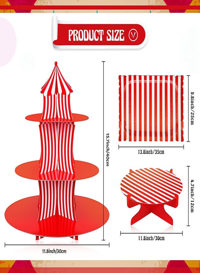 زوبيل طقم حامل كيك كرنفال مكون من 7 قطع: حامل كب كيك من 3 طبقات، حامل كيك دائري من طبقة واحدة، صينية تقديم مستطيلة، أطباق قابلة لإعادة الاستخدام، حاملات كب كيك للحلويات، لوازم حفلات أعياد ميلاد بطابع السيرك. - Image 2