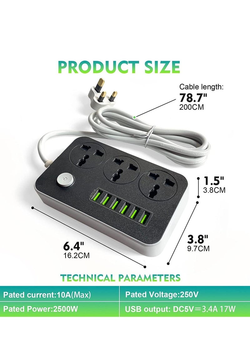 Generic Power Strips Extension Cord 3 Outlets, Power Socket with 6 USB Ports Universal Charging Socket with 2M Bold Extension Cord  - Image 5