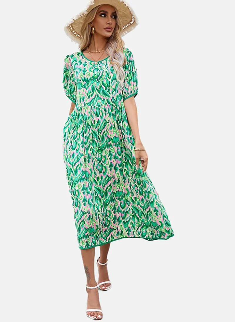 يونيكي Green Floral Print Cotton Fit & Flare Midi Dress