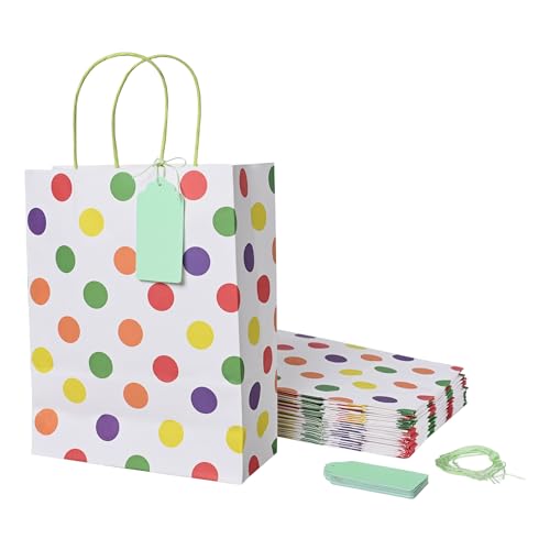 Suffix Retail (Pack of 30) Polka Dots Paper Bags for Return Gifts with Gift Tags & Threads/Gift Bags For Corporate Events (12X8.7X3 inches) | Party Favor Bags for Kids Birthday - 100GSM, multicolor - Image 1