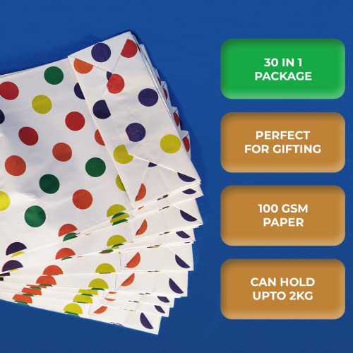 Suffix Retail (Pack of 30) Polka Dots Paper Bags for Return Gifts with Gift Tags & Threads/Gift Bags For Corporate Events (12X8.7X3 inches) | Party Favor Bags for Kids Birthday - 100GSM, multicolor - Image 3