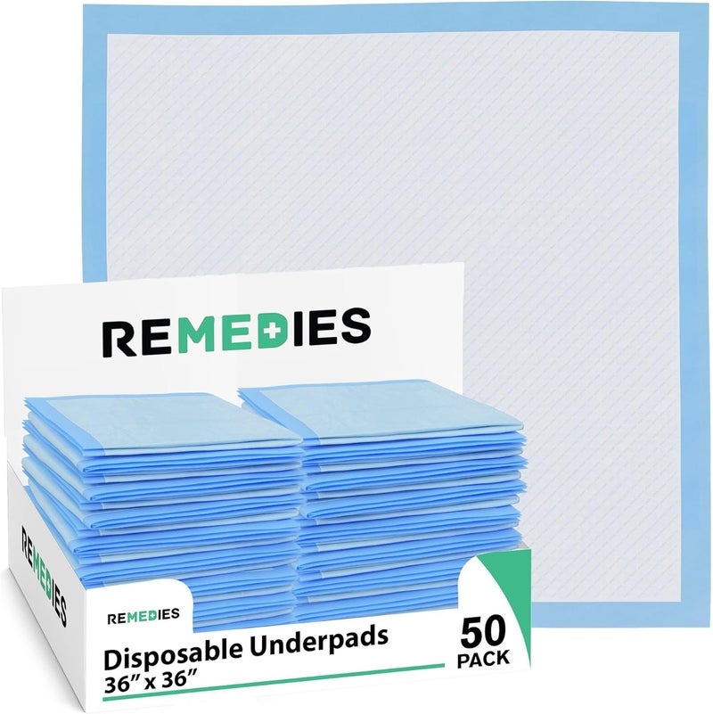 REMEDIES Remedies - Bed Pads Disposable Adults, Seniors, Kids & Puppy Pads - 36" x 36" - Large Disposable Underpads - 50 Count, Incontinence Underpads for Beds & Furniture, Dog Pee Pads, Dogs Chucks Pads