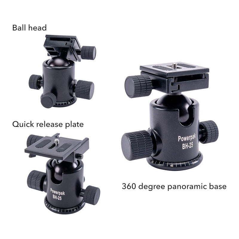 Powerpak BH-25 Ball Head | Payload 8K | with Quick Release Plate | for Tripod, Monopod, Slider | DSLR/SLR Camera, Video Camera | 360 Degree Fluid Rotation Tripod Ball Head (Black) - Image 3