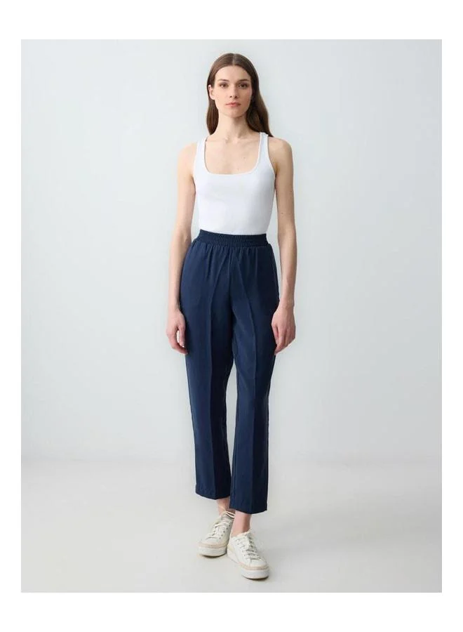 Jimmy Key Navy Blue High Waist Straight Leg Modal Knit Pants.