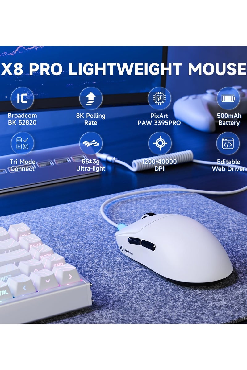 Attack Shark X8PRO Ultra Wireless Gaming Mouse,PAW3395PRO Sensor,8Khz Polling Rate,40K DPI,Tri-Mode,Broadcom 52840 MCU Chip,100M Clicks,500MAh Battery,55g,Programmable Mice with Coiled Cable-White - Image 2