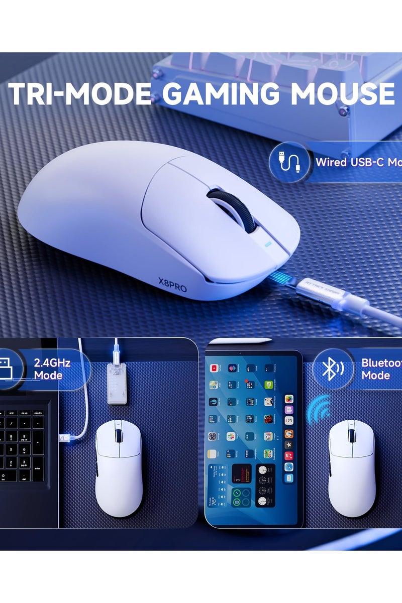 Attack Shark X8PRO Ultra Wireless Gaming Mouse,PAW3395PRO Sensor,8Khz Polling Rate,40K DPI,Tri-Mode,Broadcom 52840 MCU Chip,100M Clicks,500MAh Battery,55g,Programmable Mice with Coiled Cable-White - Image 3