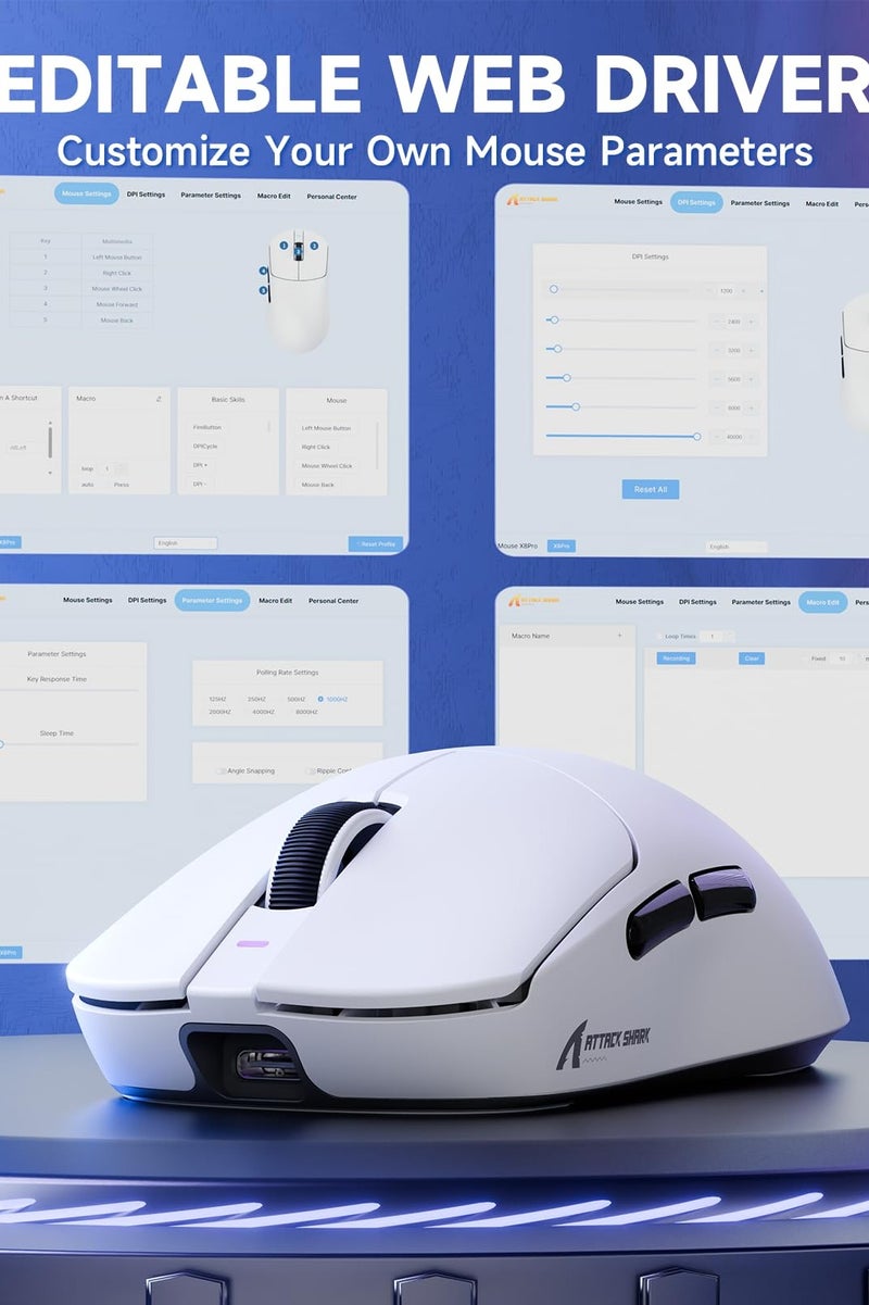 Attack Shark X8PRO Ultra Wireless Gaming Mouse,PAW3395PRO Sensor,8Khz Polling Rate,40K DPI,Tri-Mode,Broadcom 52840 MCU Chip,100M Clicks,500MAh Battery,55g,Programmable Mice with Coiled Cable-White - Image 5