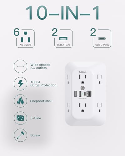 Addtam Surge Protector Outlet Extender, 6-Outlet Splitter with 4 USB Wall Charger(PD 20W), Multi Plug Wall Outlet 1800J Power Strip for Home Office Dorm Room Essentials, White - Image 2