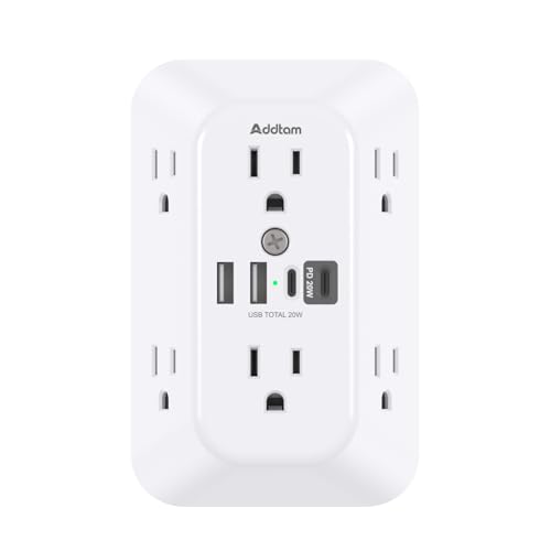 Addtam Surge Protector Outlet Extender, 6-Outlet Splitter with 4 USB Wall Charger(PD 20W), Multi Plug Wall Outlet 1800J Power Strip for Home Office Dorm Room Essentials, White - Image 1