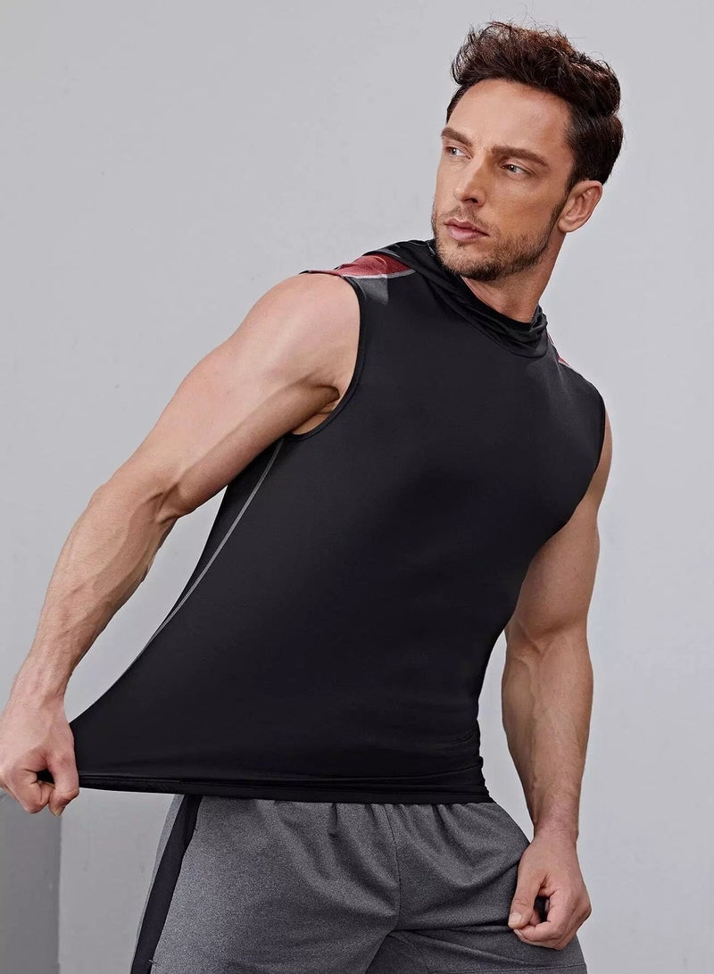 Men Reflective Tape Hooded Sports Tank Top - Image 1