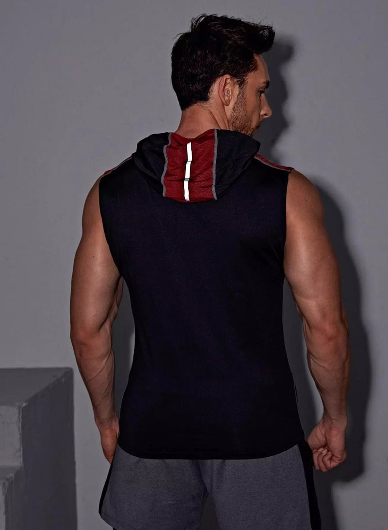 Men Reflective Tape Hooded Sports Tank Top - Image 2