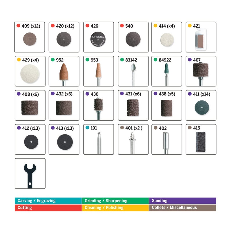 Dremel 709-02 110-Piece All-Purpose Rotary Tool Accessory Kit- Includes a Carving Bit, Sanding Drums, Grinding Stones, Cutting Discs, and a Storage Case, Gray - Image 3