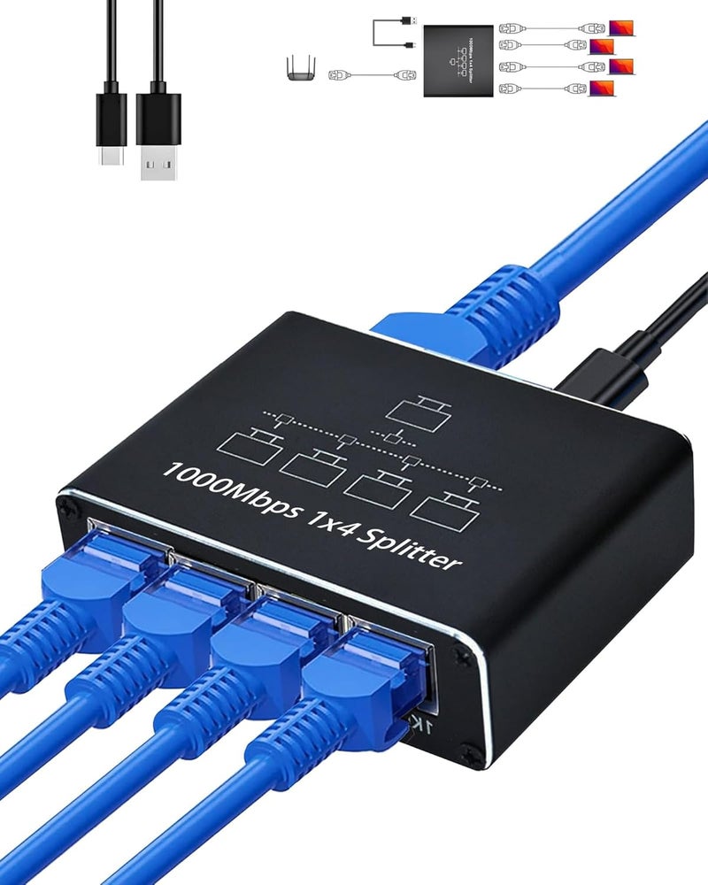 Ethernet Splitter 1 to 4, 1000Mbps High Speed Network Splitter, Gigabit RJ45 LAN Extension, Supports Cat5/5e/6/7/8 Cables, Simultaneous 4 Device Connection - Image 1
