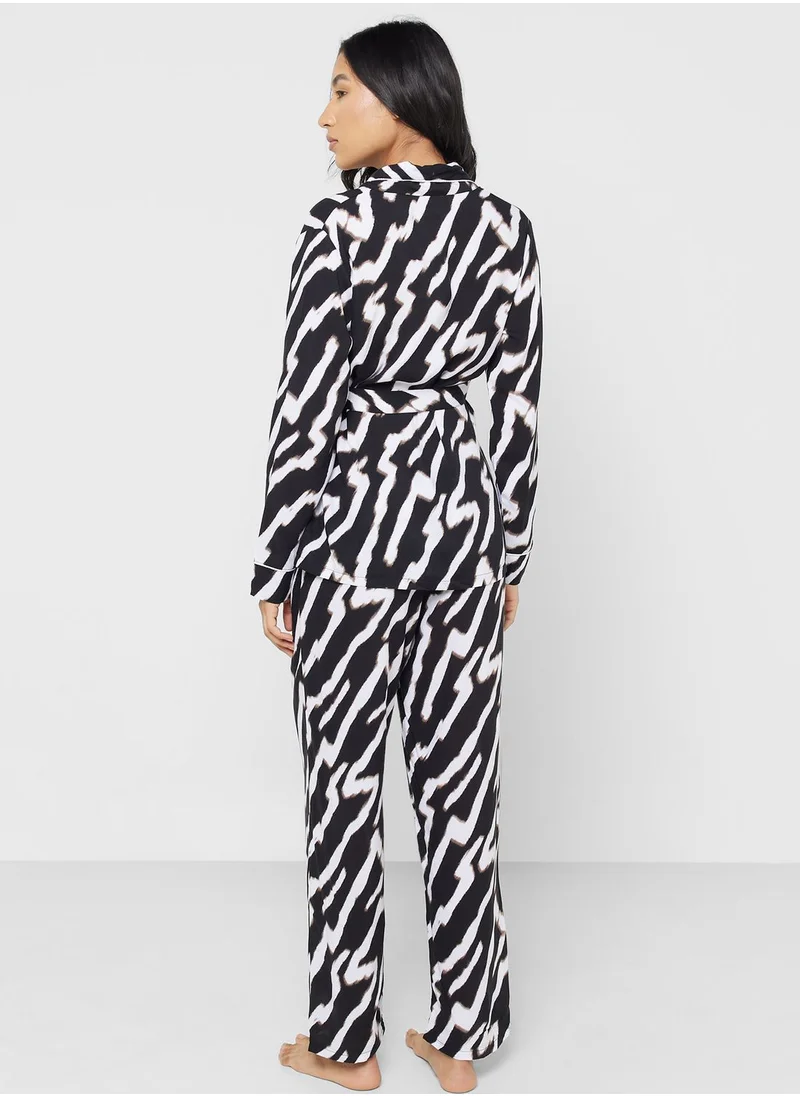جينجر Zebra Print Shirt & Pyjama Set With Belt