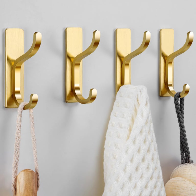 pickpiff Adhesive Wall Coat Hooks - Heavy Duty Stick-On Door Hanger, Metal Hook for Hanging Towel,Purse, Robe, Backpack, Jacket, Clothes - for Bathroom,Dorm, Closet, Kitchen - Gold, 4 Pack - Image 1