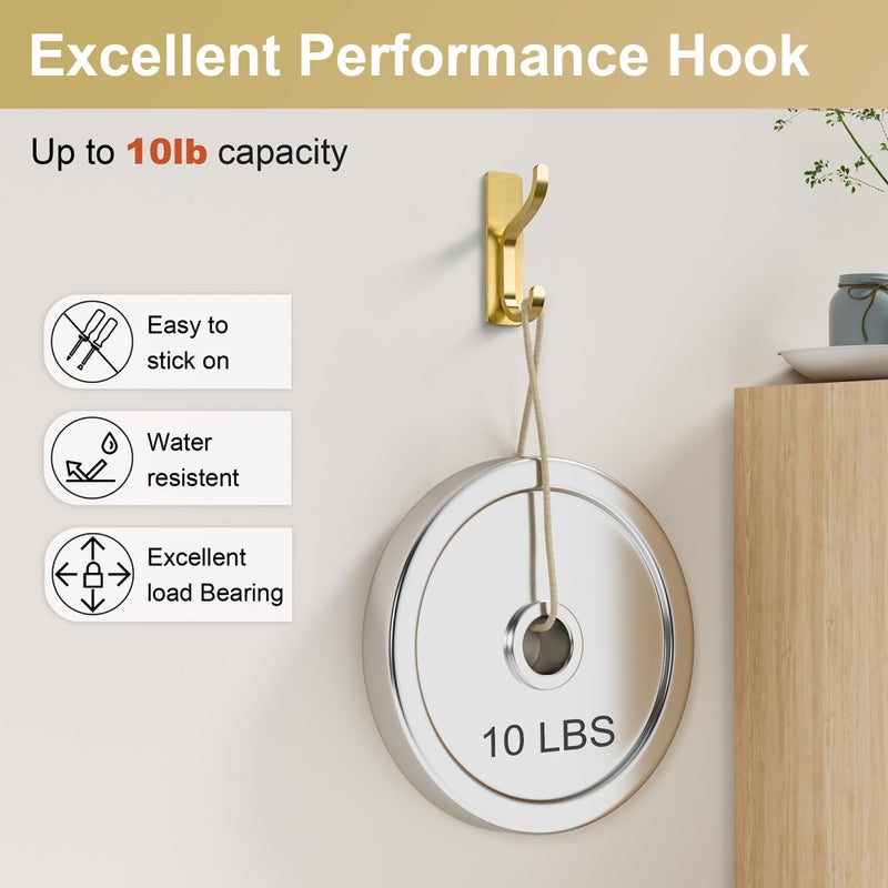 pickpiff Adhesive Wall Coat Hooks - Heavy Duty Stick-On Door Hanger, Metal Hook for Hanging Towel,Purse, Robe, Backpack, Jacket, Clothes - for Bathroom,Dorm, Closet, Kitchen - Gold, 4 Pack - Image 4