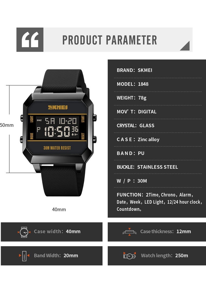 SKMEI - Watches for Men Fashion Sport Water Resistant Silicone Digital Watch Black 1848 - Image 1