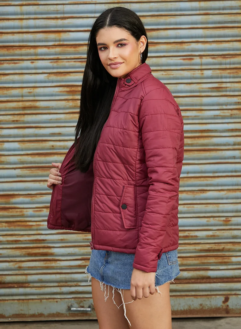Pinacolada  Women's Brick Red Puffer Jacket With Flap Insert Pockets for Women | Best Price UAE